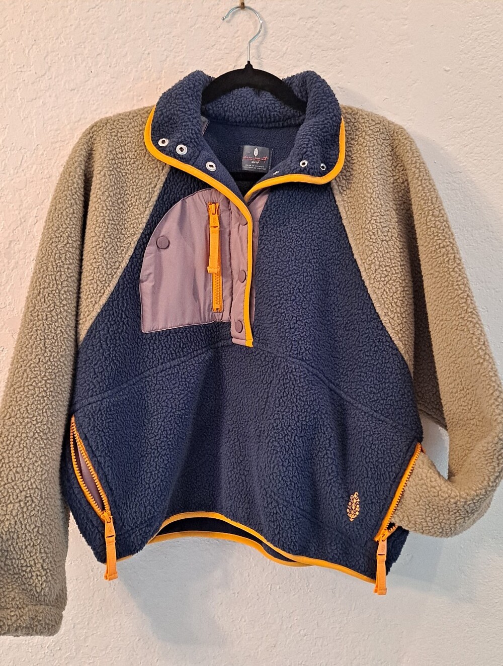 Free People FP Movement Navy Blue Tan Hit The Slopes Pullover Fleece Jacket